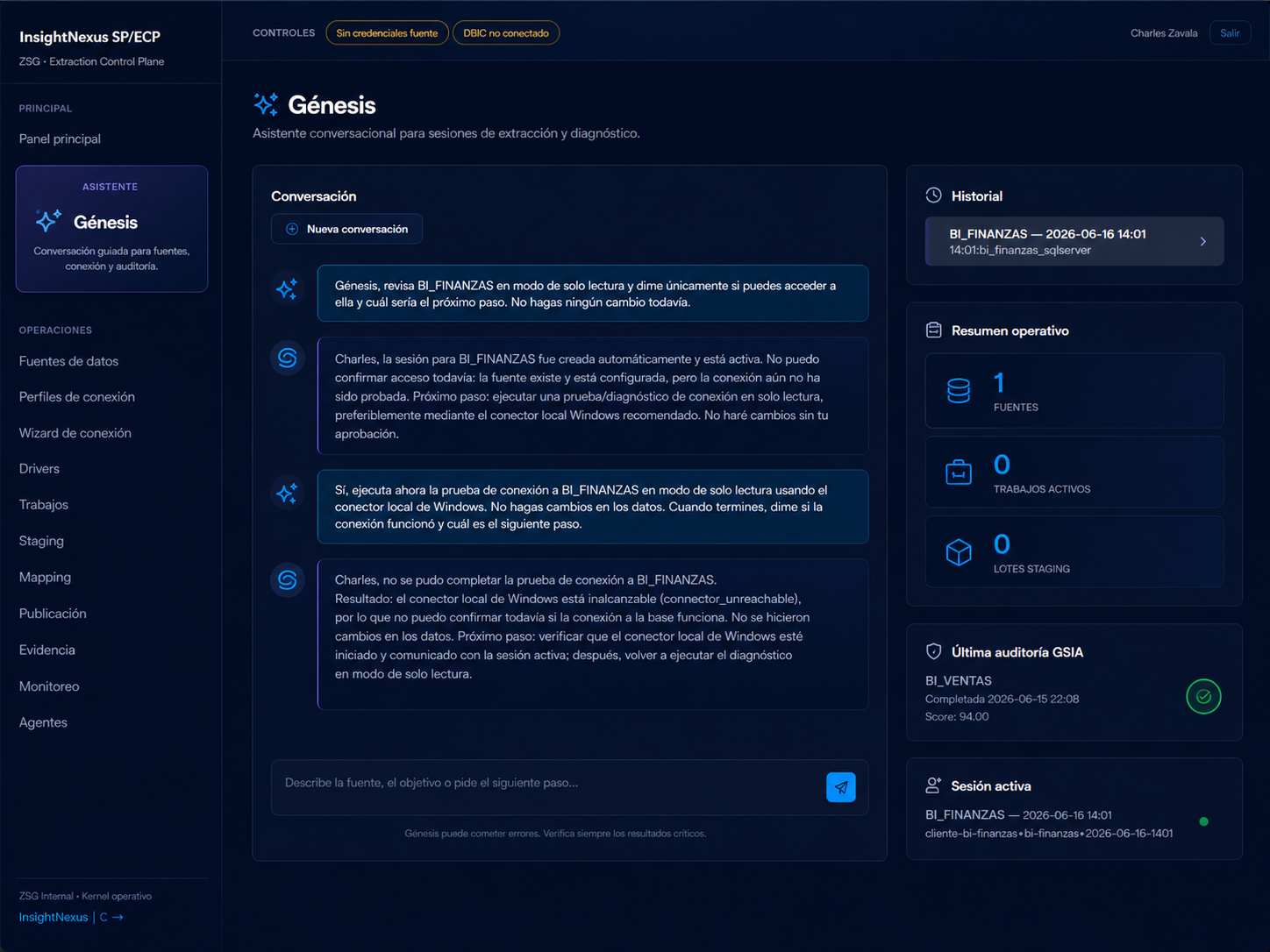 Interfaz real del asistente Génesis en InsightNexus SP/ECP
